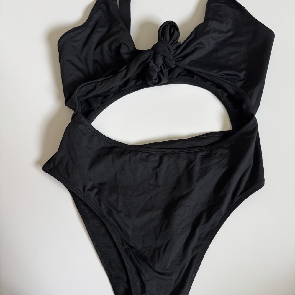 Mono B Black One Piece Swim Suit Tie Front